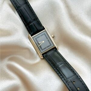 AUTHENTIC RARE VINTAGE CARTIER TANK BLACK LEATHER WATCH - WITH BOX